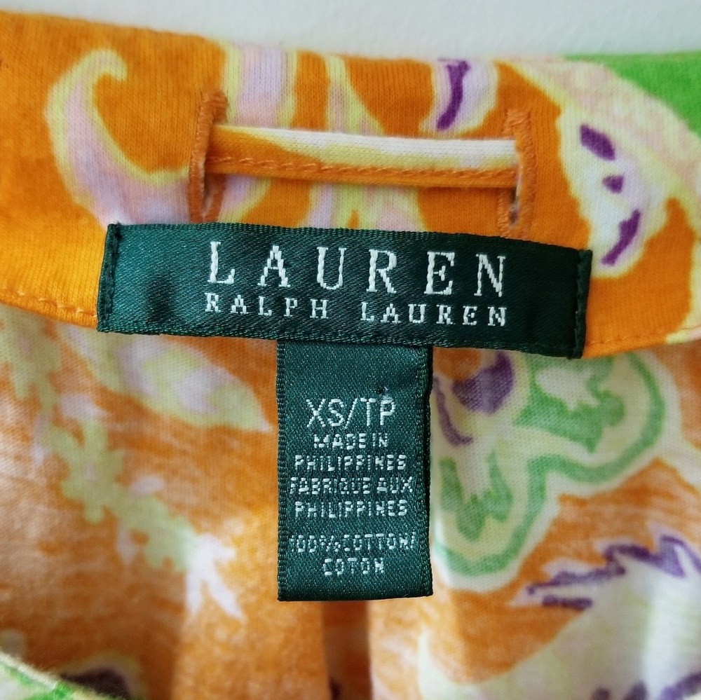 Lauren Ralph Lauren Cap Sleeve Cotton Top Orange Tropical Paisley Sz XS-S - Picture 6 of 14